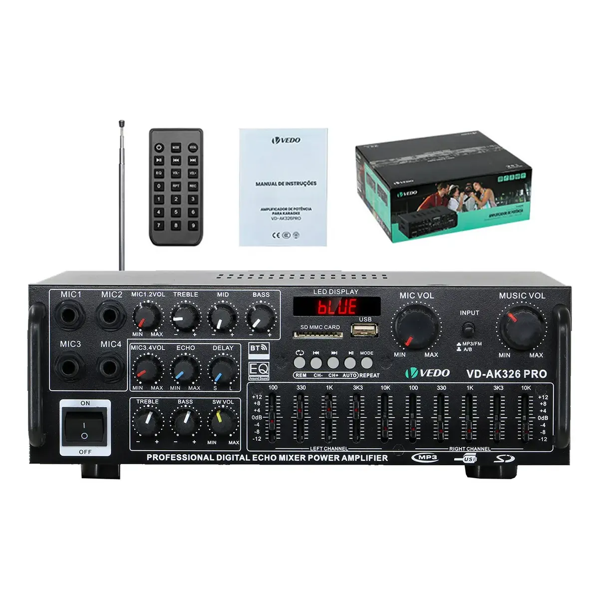 Vedo Mp326bt Amplificador Estéreo 2.1 Rms 150w*2 Potência Máxima 400w*2,com Subwoofer/bluetooth/fm/rca/sd/usb,com Remoto