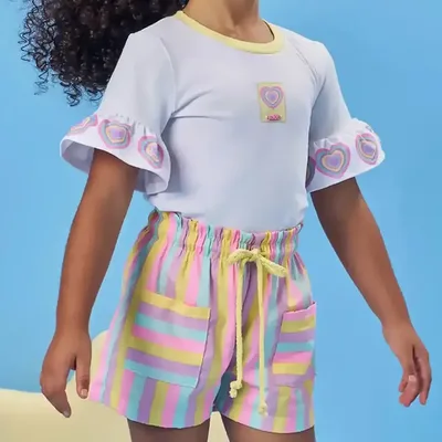 Conjunto Infantil Blusa Malha Power Short Tricoline Kukiê