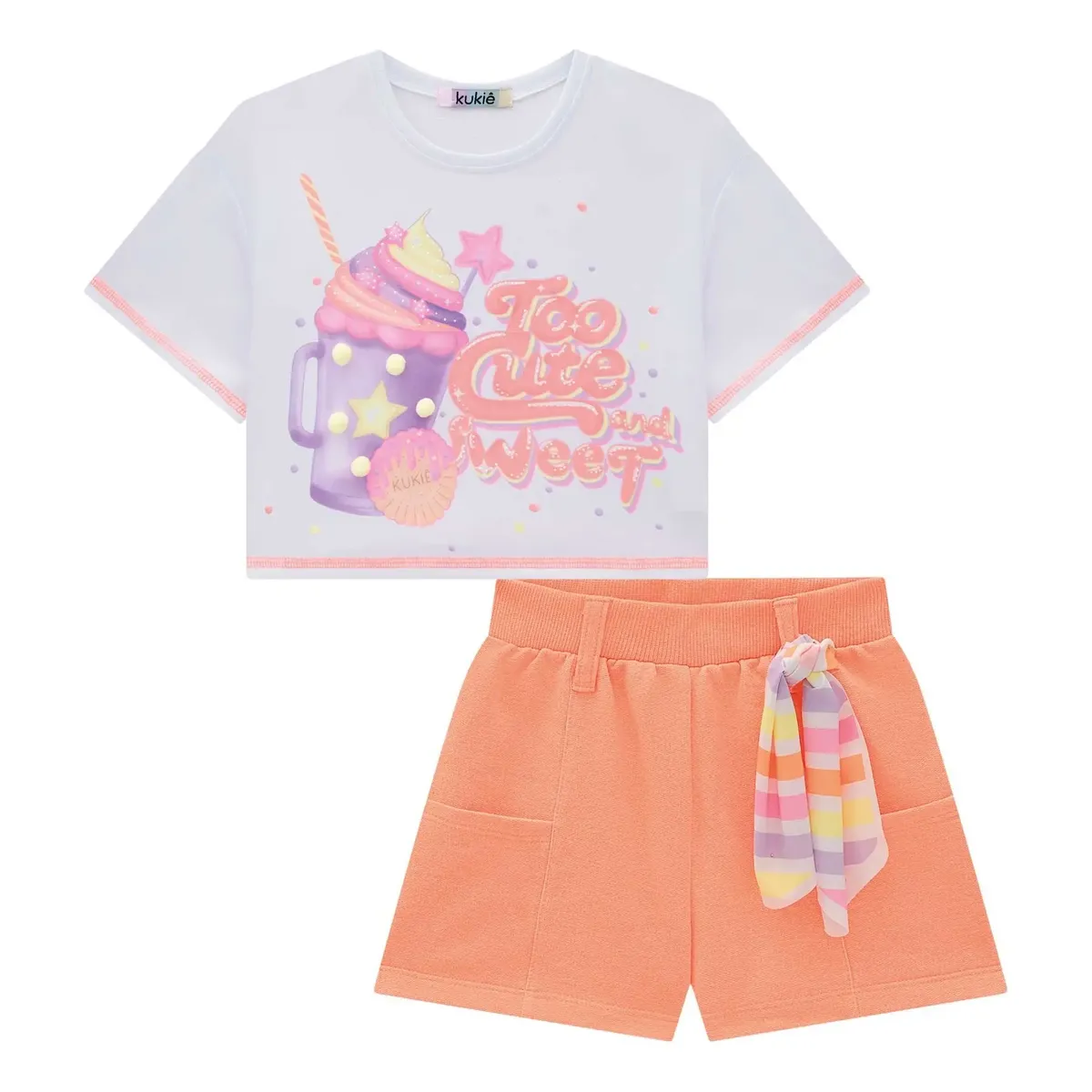 Conjunto Infantil Blusa Malha Milk Shake Short Laranja Kukiê