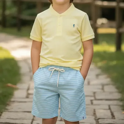 Conjunto Infantil Bata Malha Short Sarja Listra Onda Marinha