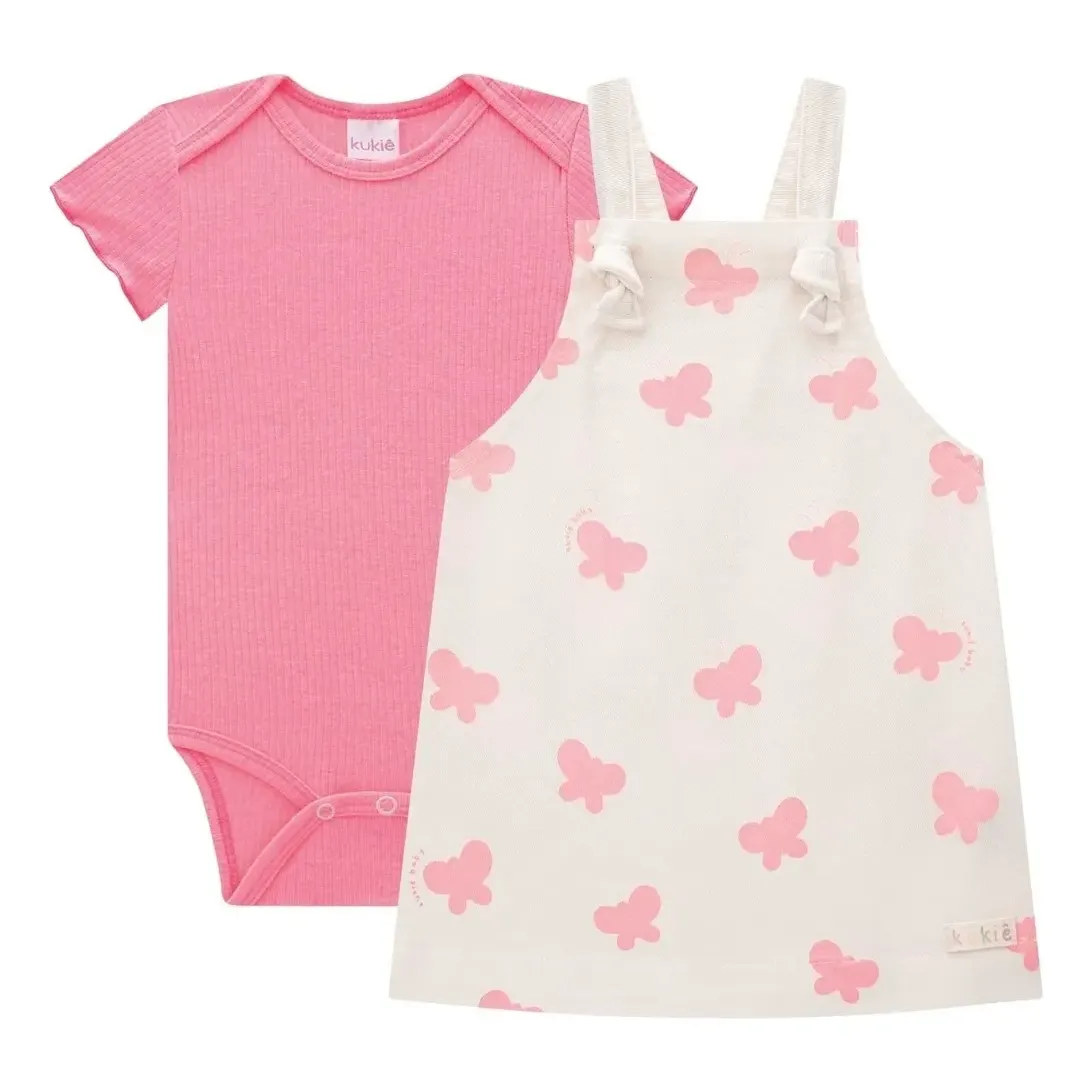Conjunto Infantil Body Malha Neon Jardineira Jeans Kukiê