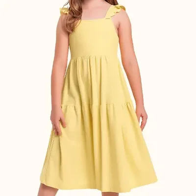 Vestido Infantil Malha Alça Babado Amarelo Fakini