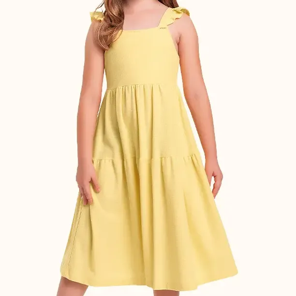 Vestido Infantil Malha Alça Babado Amarelo Fakini