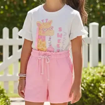 Conjunto Infantil Blusa Malha Girafa Short Malha Rosa Kukiê