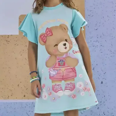Vestido Infantil Molecotton Ursa Fotógrafa Azul Claro Kukiê