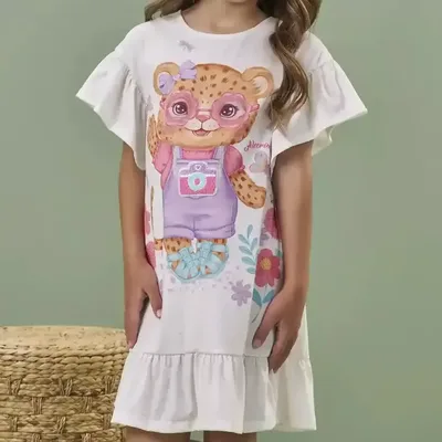 Vestido Infantil Malha Power Linho Tigrinha Alecrim Kukiê