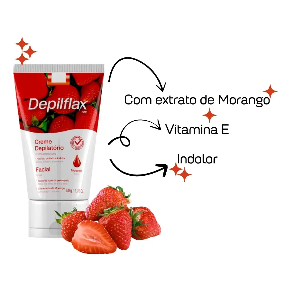 Creme Depilatório Facial Morango Depilflax 50g Para Rosto Todos os Tipo de Pele