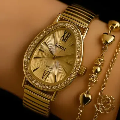 Relógio Feminino DOLUCK Dourado Gota Com Strass e Pulseira