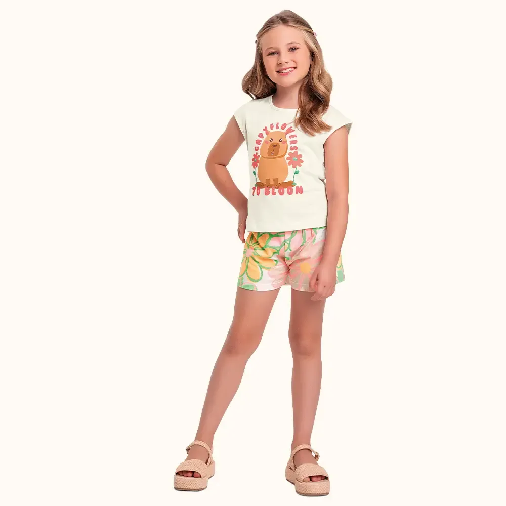 Conjunto Infantil Malha Blusa Capivara Short Flores Fakini