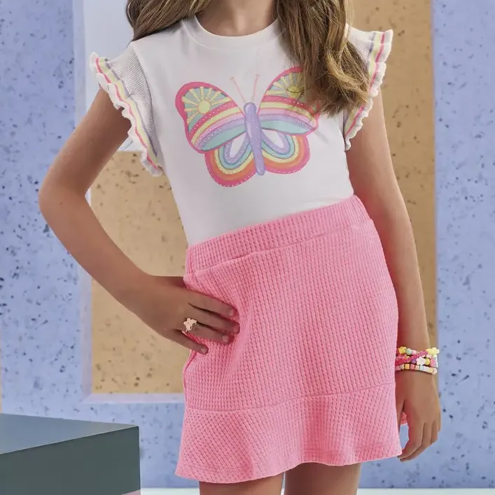 Conjunto Menina Blusa Malha Power Short Saia Wafle Kukiê
