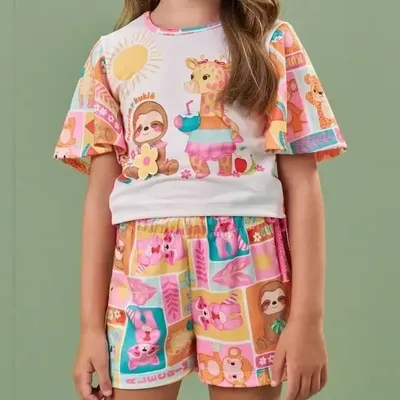 Conjunto Infantil Blusa Bichos E Short Malha Alecrim Kukiê