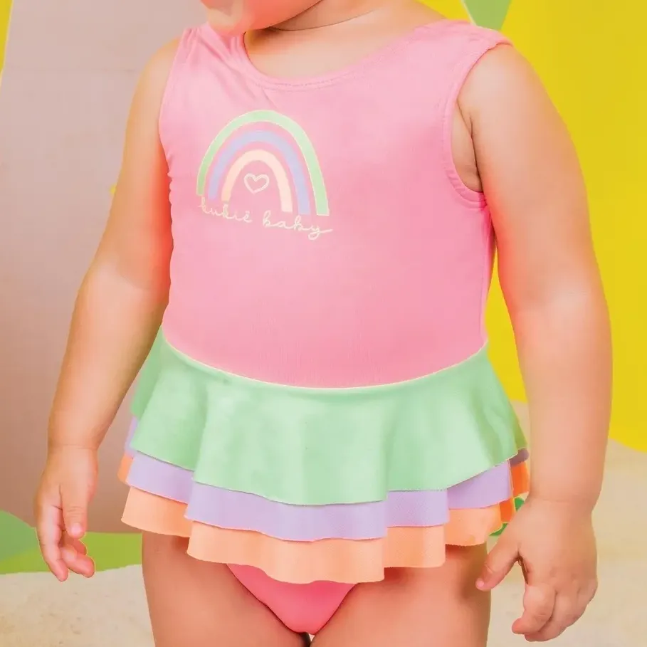 Maiô Bebe Com Saia Babado Arco Iris Neon Kukiê