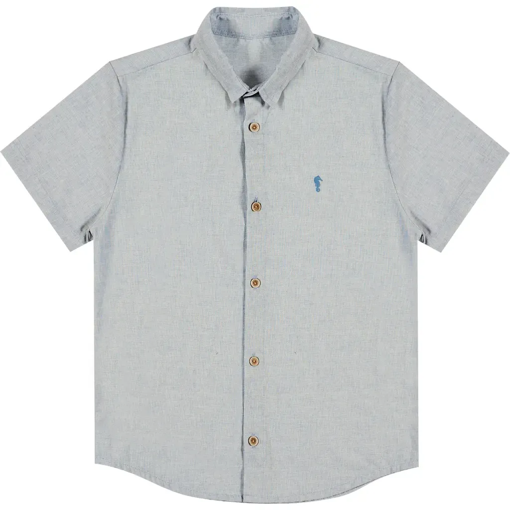 Camisa Infantil Social Manga Curta Azul Onda Marinha