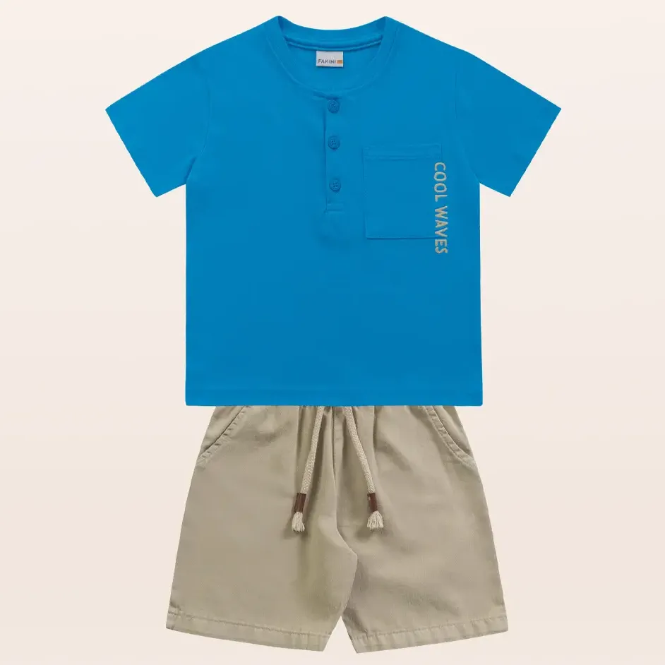 Conjunto Infantil Camiseta Malha Alzul Bermuda Tecido Fakini