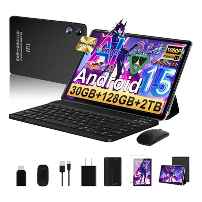 Tablet 10 2025 Android 15 Gemini Ai Tablet com 30 GB de RAM+128 GB ROM/TF 2 TB, Octa-core 2,0 Ghz, 8000 mah, 5G WiFi, tablets Gms Widevine L1 Fhd, 8+5 mp, Bt 5.0, GPS, capa, teclado e mouse - preto