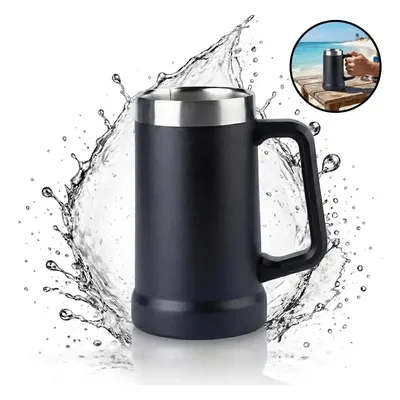 Caneca Térmica Preta de Aço Inoxidável 720 mL Com Parede Dupla e Alça Para Cerveja, Café e Chopp