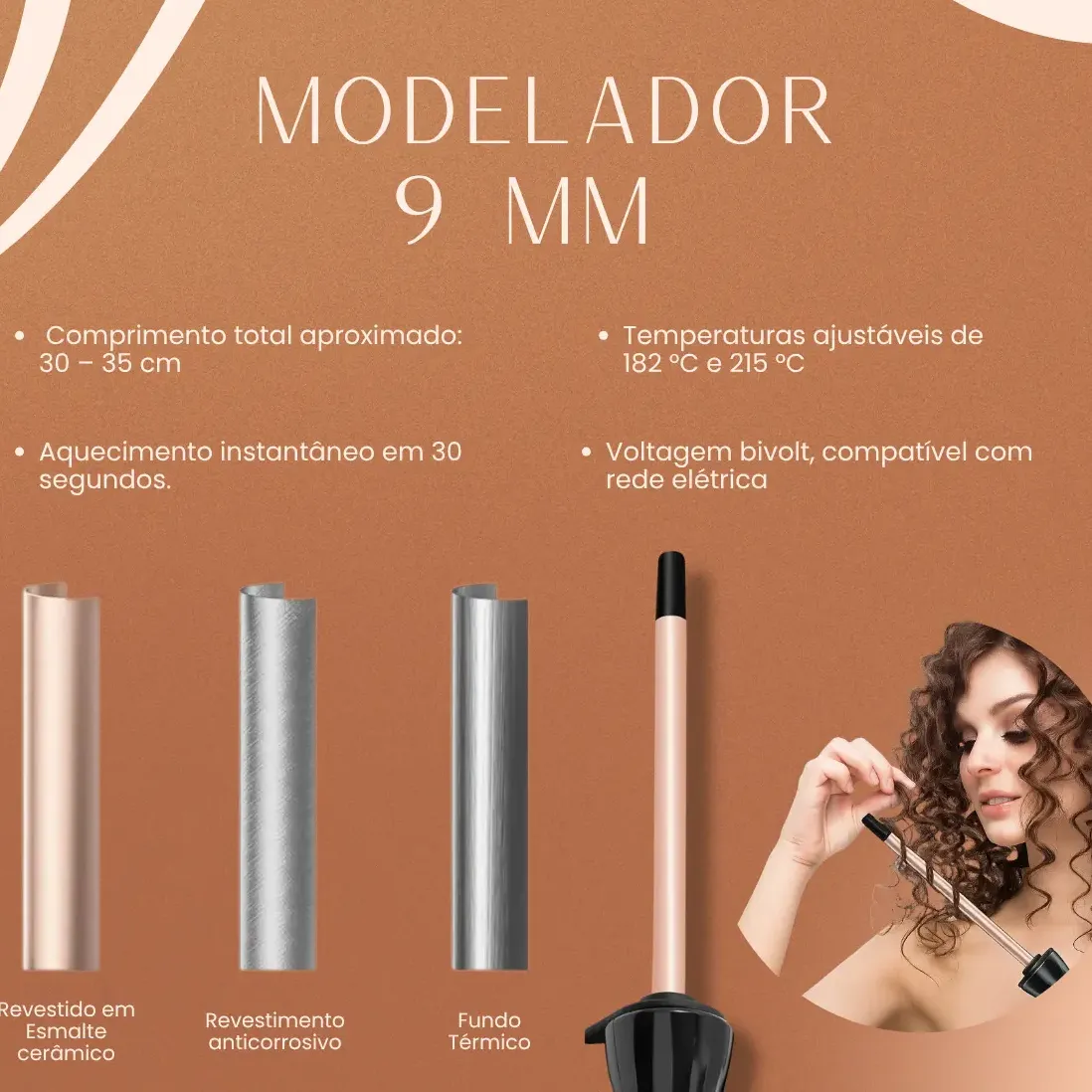 Hatteker Modelador de Barril Cerâmico 9mm Rose Cachos Definidos
