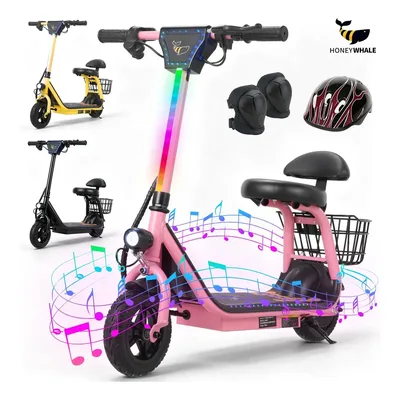 Patinete Elétrico Infantil Honeywhale Jl006, 300w-18km/h-10km-80kg, Velocidade-juvenil-autonomia-de-bluetooth-carge, Scooter Eletrica Com Cesto E Assento, Três Velocidades, Honey Whale(36v 3,6ah) Rosa