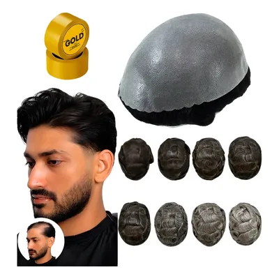 Prótese Capilar Masculina Nó Duplo Cabelo Humano + Fita Gold #1b Castanho Escuro 20x25