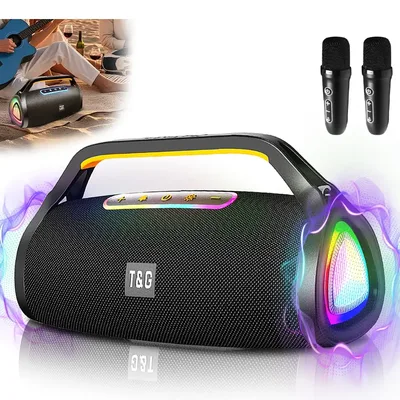 Caixa De Som Bluetooth 20w Com 2 Microfones Sem Fio, Portátil - Som Forte Para Karaokê, Festas, Churrasco E Ao Ar Livre - Presente Ideal