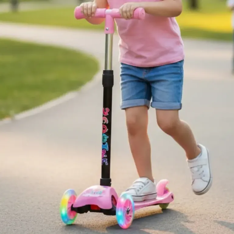 Patinete Infantil Dobrável 3 Rodinhas De Led Ajustável Rosa Coelho