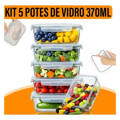 Kit 5 Potes Herméticos de Vidro Borossilicato Yab 370ml Retangular com Tampa Branca