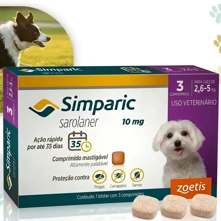 Simparic 10mg Antipulgas 2,6 A 5kg Zoetis 3 Comprimidos Roxo