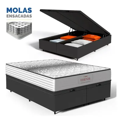 Cama Box Baú + Colchão De Mola Ensacada Essence Probel Queen Preto