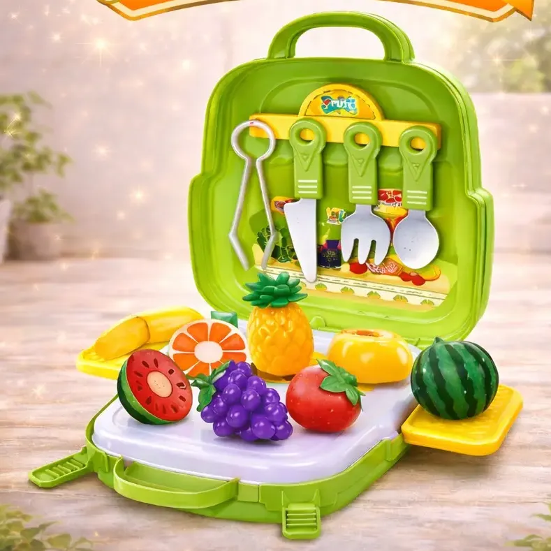 Maleta De Frutas Infantil 3 Em 1 Didática Educativa Fruit Game Brinquedo Pedagógico Para Montar, Cortar Aprender