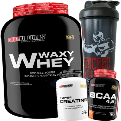 Kit Whey Protein 2kg Morango + Creatina + Bcaa + Coqueteleira - Bodybuilders
