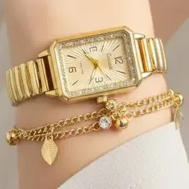 Relógio Feminino Doluck Cristal Elegance + Pulseira + Caixa Correia Dourado