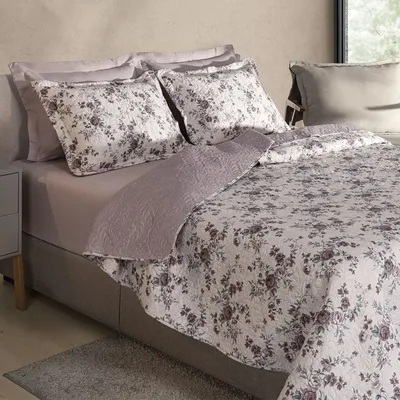 Kit Cobre Leito Colcha King 3 Peças Boutis Dupla Face Porta Travesseiro Aba Americana - Diana Rosa
