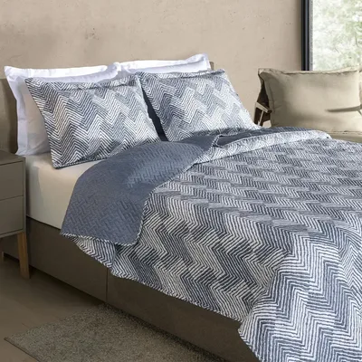 Kit Cobre Leito Colcha King 3 Peças Boutis Dupla Face Porta Travesseiro Aba Americana - Chevron Azul