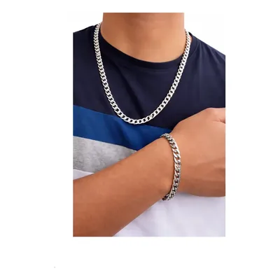 Corrente Cordão Masculino Grumet Aço Inox + Pulseira Conjunto Colar 60cm Correntinha Masculina Para Presente