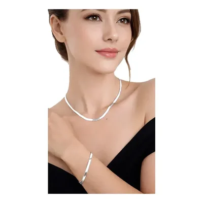 Kit Colar + Pulseira Feminina Choker Gargantilha Laminada 45cm Prata