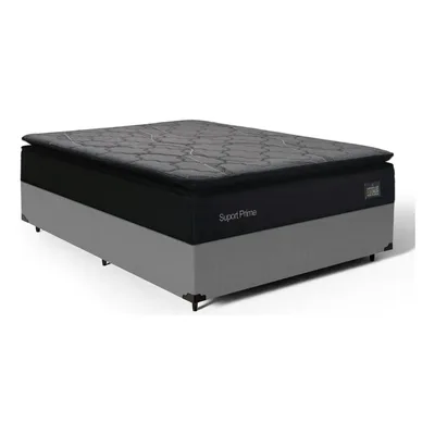 Box Casal + Colchão De Espuma D45 Pillow Top Suport Prime Cor Cinza