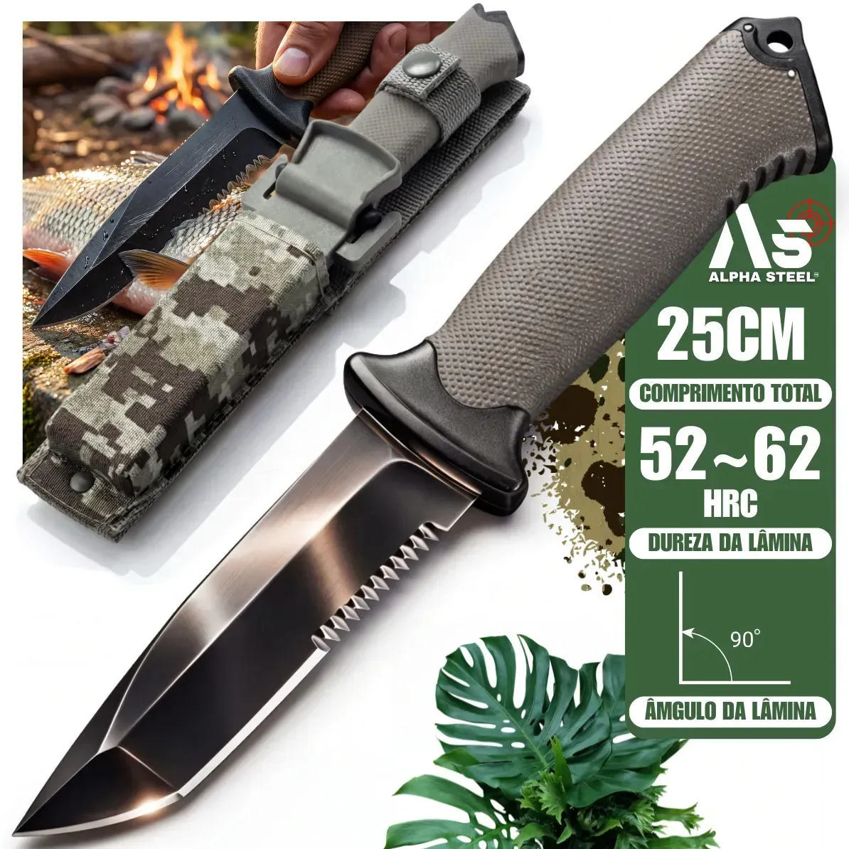 Faca Tática Cinza Aço 440c Sobrevivência Serrilhada Camping Bushcraft Pesca Caça Profissional Militar Cabo Emborrachado Antiderrapante Bainha Tática Corte Preciso Alta Durabilidade