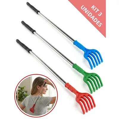 Kit 3 Coçador Coçar Costas Mãozinha Massageador Relaxante Inox Metal 42 Cm