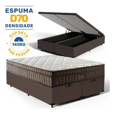 Box Baú Queen + Colchão De Espuma D70 Pillow In - Anjos Cor Marrom