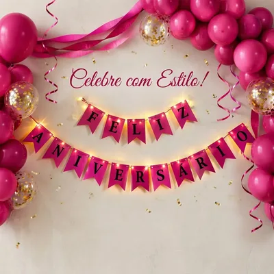 Bandeira Faixa Feliz Aniversário com Led 2m e Letras Douradas para Decoração de Festa Pink