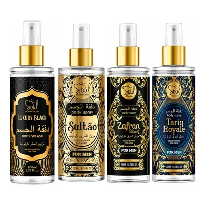 Body Splash Árabe Masculino Kit C/4 Perfumes De Alta Fixação Soul Cosméticos 200ml