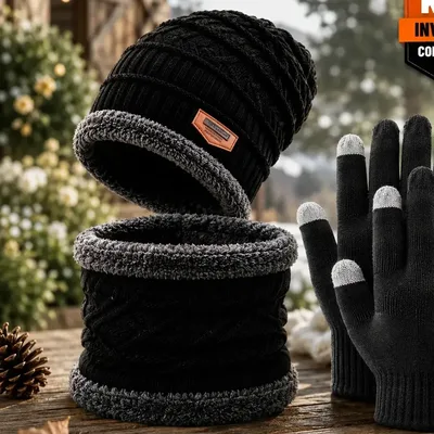 Kit Inverno Touca Gorro Forrado Gola Cachecol Térmica + Luva Touch Celular Unissex Frio Intenso Moto Viagem Caminhada Proteção Contra Vento Peluciado Quente Brasil Chic