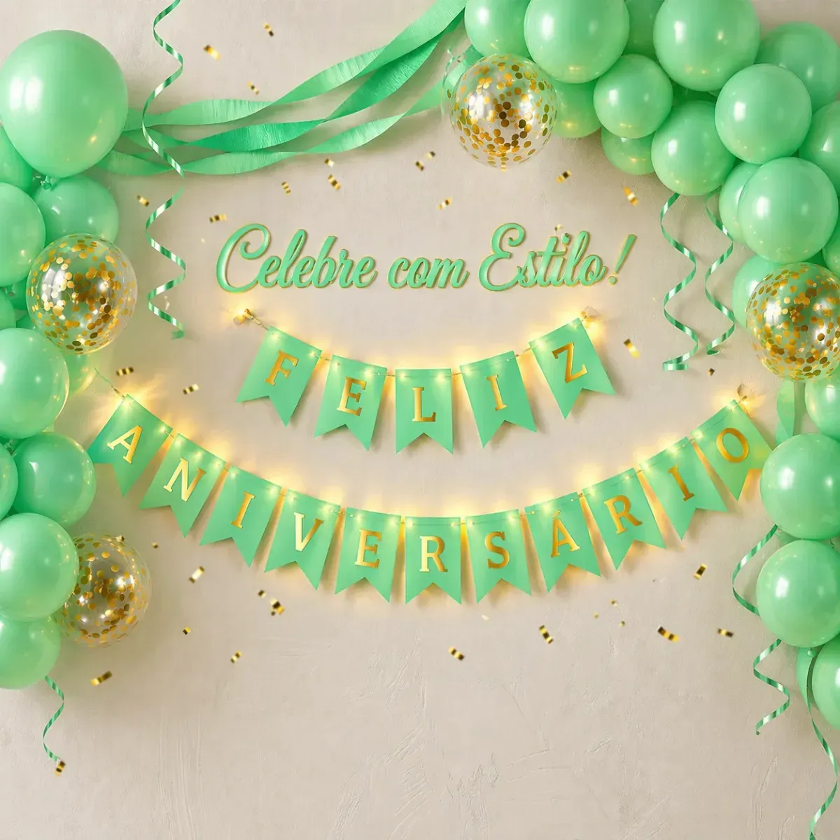Faixa Feliz Aniversário de Papel com LED Dourado 2m para Decoração de Festa