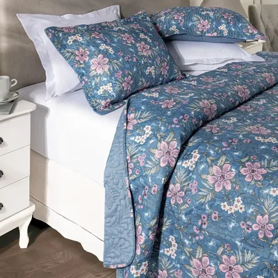 Kit Cobre Leito Colcha Queen 3 Peças Boutis Dupla Face Porta Travesseiro Aba Americana Catarina Azul