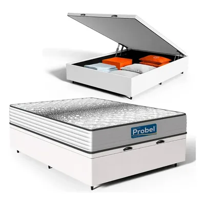 Cama Box Baú + Colchão De Mola Ensacada Essence Probel Casal Branco