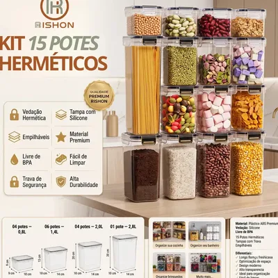 Kit 15 Potes Hermético Cadencia Mantimentos Quadrado Cozinha Branco Rishon 22,4 Litros