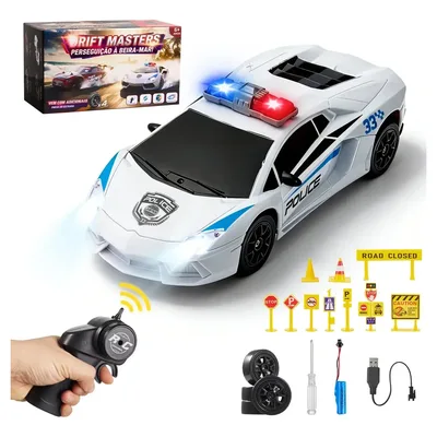 1:16 Carrinho Controle Remoto Faz Drift Bateria Recarregave,2.4GHz Brinquedo Carrinho De Controle Remoto Polícia,Inclui Acessórios Para Barreiras Viárias,Baterias e Um Cabo De Carregamento