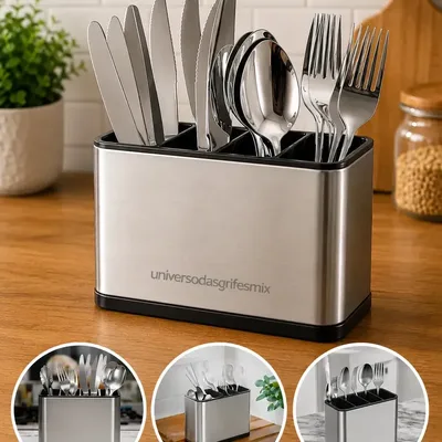 Porta-Talheres de Aço Inox com 4 Divisórias para Utensilios de Cozinha
