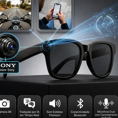 Óculos Inteligente Popsy de Sol 4K Full HD com Câmera e IA, Kit 3 Lentes, Bluetooth, Wifi e Tradução