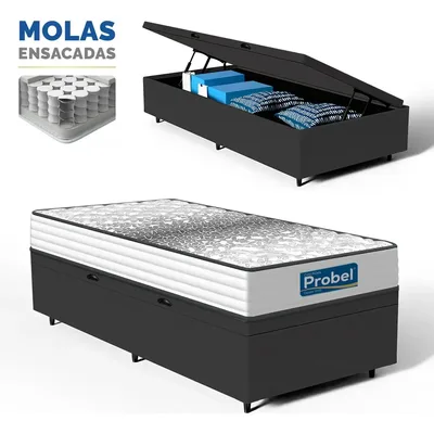 Cama Box Baú + Colchão Mola Ensacada Essence Probel Solteiro Preto